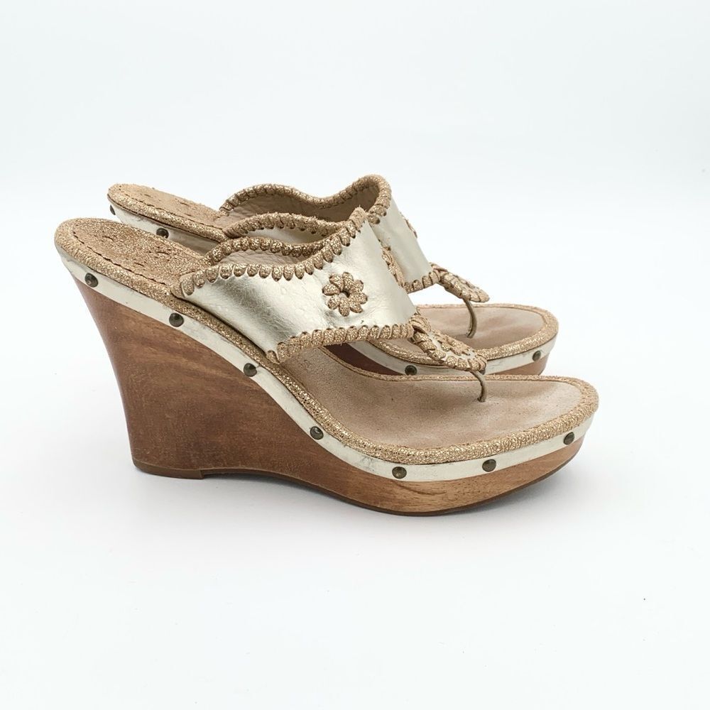 Jack Rogers Marbella Gold Leather Wedge Sandals Women’s 8 Metallic Thong Heels